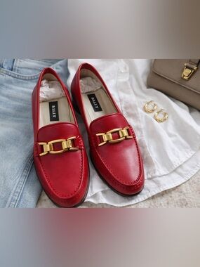 Bally Imogene Red Leather Loafers 7.5N Made In Italy Gold Bit Classic Luxury
